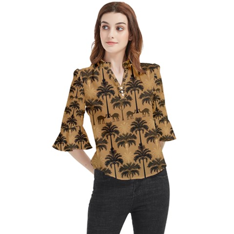 Ai Generated Camels Palm Trees Pattern Loose Horn Sleeve Chiffon Blouse by Ravend