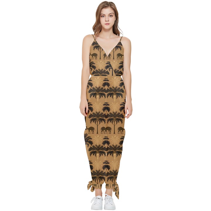 Ai Generated Camels Palm Trees Pattern Sleeveless Tie Ankle Chiffon Jumpsuit