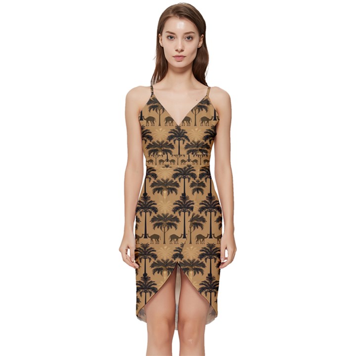 Ai Generated Camels Palm Trees Pattern Wrap Frill Dress