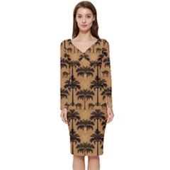 Ai Generated Camels Palm Trees Pattern Long Sleeve V-neck Bodycon Dress  by Ravend