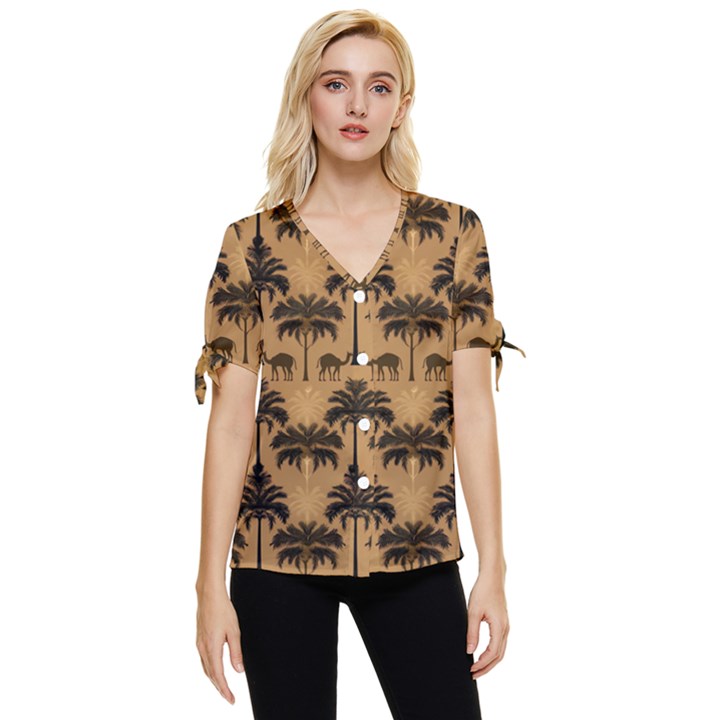 Ai Generated Camels Palm Trees Pattern Bow Sleeve Button Up Top