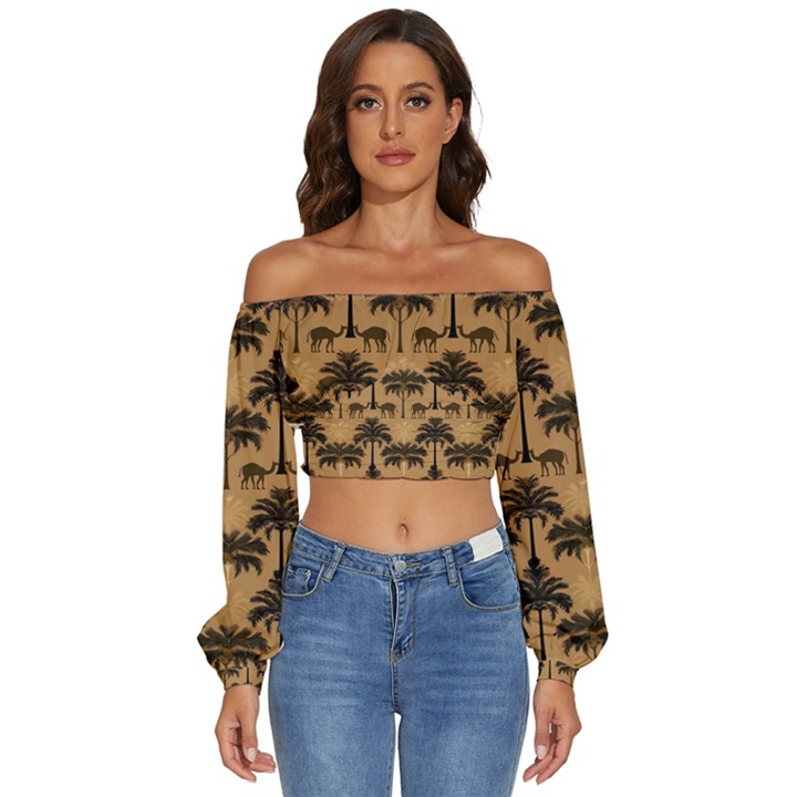 Ai Generated Camels Palm Trees Pattern Long Sleeve Crinkled Weave Crop Top