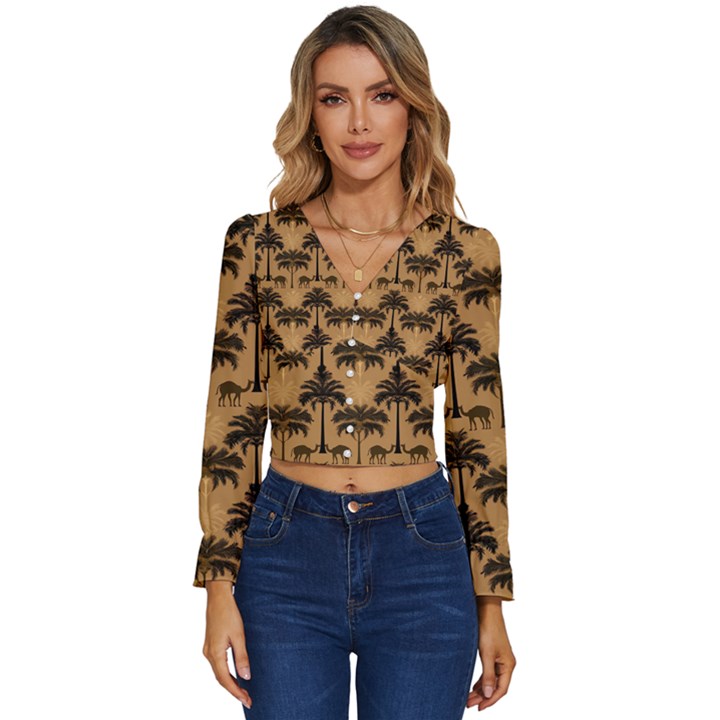 Ai Generated Camels Palm Trees Pattern Long Sleeve V-Neck Top