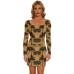 Ai Generated Camels Palm Trees Pattern Long Sleeve Square Neck Bodycon Velvet Dress by Ravend