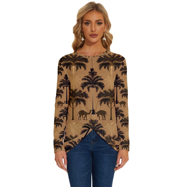 Ai Generated Camels Palm Trees Pattern Long Sleeve Crew Neck Pullover Top