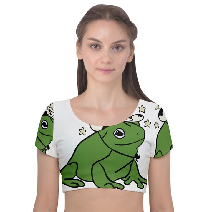 Frog with a cowboy hat Velvet Short Sleeve Crop Top 