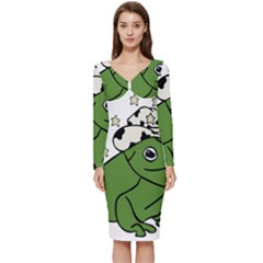 Frog With A Cowboy Hat Long Sleeve V-neck Bodycon Dress  by Teevova