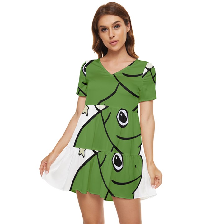 Frog with a cowboy hat Tiered Short Sleeve Babydoll Dress