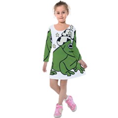 Frog With A Cowboy Hat Kids  Long Sleeve Velvet Dress