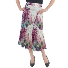 Ai Generated Flowers Watercolour Nature Plant Midi Mermaid Skirt by Ravend