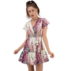 Ai Generated Flowers Watercolour Nature Plant Flutter Sleeve Wrap Dress by Ravend