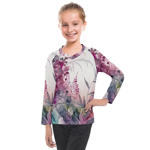 Ai Generated Flowers Watercolour Nature Plant Kids  Long Mesh Tee by Ravend