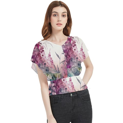 Ai Generated Flowers Watercolour Nature Plant Butterfly Chiffon Blouse by Ravend