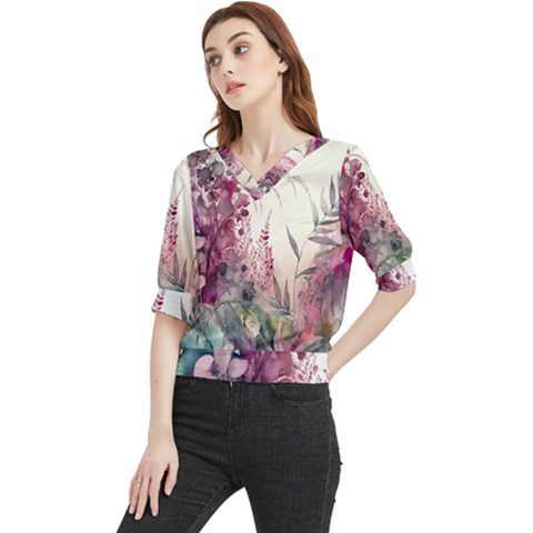 Ai Generated Flowers Watercolour Nature Plant Quarter Sleeve Blouse by Ravend