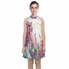 Ai Generated Flowers Watercolour Nature Plant Velvet Halter Neckline Dress  by Ravend