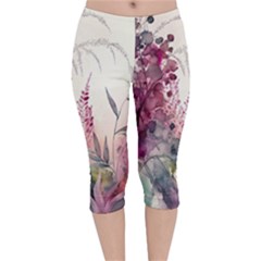 Ai Generated Flowers Watercolour Nature Plant Velvet Capri Leggings  by Ravend