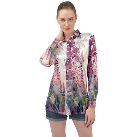 Ai Generated Flowers Watercolour Nature Plant Long Sleeve Satin Shirt by Ravend