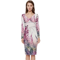 Ai Generated Flowers Watercolour Nature Plant Long Sleeve V-neck Bodycon Dress  by Ravend