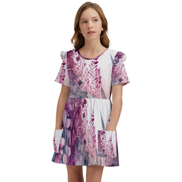 Ai Generated Flowers Watercolour Nature Plant Kids  Frilly Sleeves Pocket Dress