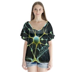 Ai Generated Neuron Network Connection V-neck Flutter Sleeve Top by Ravend