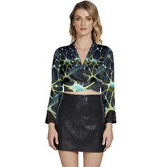 Ai Generated Neuron Network Connection Long Sleeve Tie Back Satin Wrap Top by Ravend