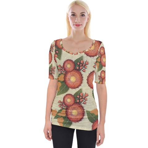 Flowers Leaves Pattern Flora Botany Drawing Art Wide Neckline Tee by Ravend