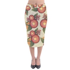 Flowers Leaves Pattern Flora Botany Drawing Art Velvet Midi Pencil Skirt by Ravend