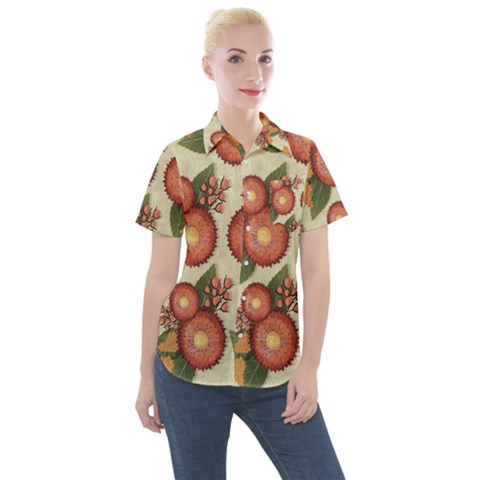 Flowers Leaves Pattern Flora Botany Drawing Art Women s Short Sleeve Pocket Shirt by Ravend