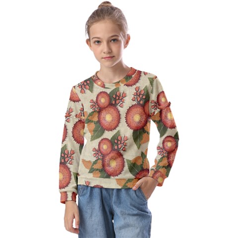 Flowers Leaves Pattern Flora Botany Drawing Art Kids  Long Sleeve Tee With Frill  by Ravend