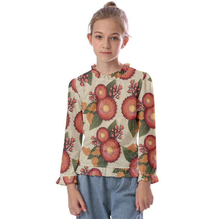 Flowers Leaves Pattern Flora Botany Drawing Art Kids  Frill Detail Tee