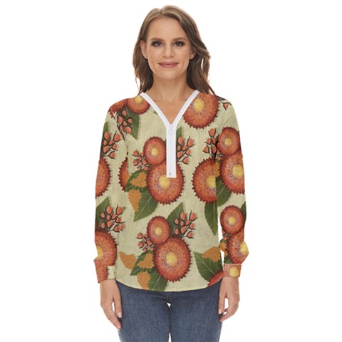 Flowers Leaves Pattern Flora Botany Drawing Art Zip Up Long Sleeve Blouse by Ravend