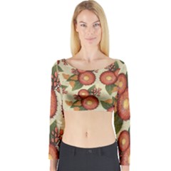 Flowers Leaves Pattern Flora Botany Drawing Art Long Sleeve Crop Top by Ravend