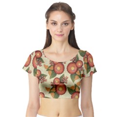 Flowers Leaves Pattern Flora Botany Drawing Art Short Sleeve Crop Top by Ravend