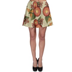 Flowers Leaves Pattern Flora Botany Drawing Art Skater Skirt by Ravend