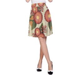 Flowers Leaves Pattern Flora Botany Drawing Art A-line Skirt by Ravend