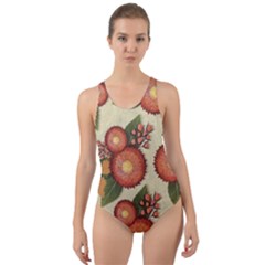 Flowers Leaves Pattern Flora Botany Drawing Art Cut-out Back One Piece Swimsuit by Ravend