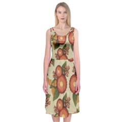 Flowers Leaves Pattern Flora Botany Drawing Art Midi Sleeveless Dress by Ravend