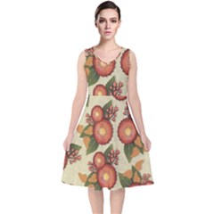 Flowers Leaves Pattern Flora Botany Drawing Art V-neck Midi Sleeveless Dress  by Ravend