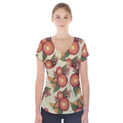 Flowers Leaves Pattern Flora Botany Drawing Art Short Sleeve Front Detail Top by Ravend