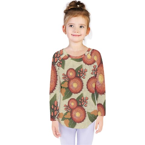 Flowers Leaves Pattern Flora Botany Drawing Art Kids  Long Sleeve Tee by Ravend