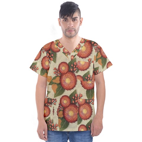 Flowers Leaves Pattern Flora Botany Drawing Art Men s V-neck Scrub Top by Ravend