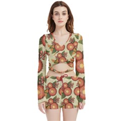 Flowers Leaves Pattern Flora Botany Drawing Art Velvet Wrap Crop Top And Shorts Set by Ravend