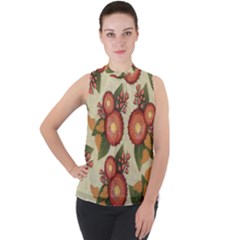 Flowers Leaves Pattern Flora Botany Drawing Art Mock Neck Chiffon Sleeveless Top by Ravend