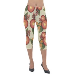 Flowers Leaves Pattern Flora Botany Drawing Art Lightweight Velour Capri Leggings  by Ravend