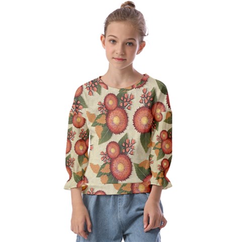 Flowers Leaves Pattern Flora Botany Drawing Art Kids  Cuff Sleeve Top by Ravend