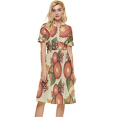 Flowers Leaves Pattern Flora Botany Drawing Art Button Top Knee Length Dress by Ravend