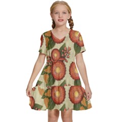 Flowers Leaves Pattern Flora Botany Drawing Art Kids  Short Sleeve Tiered Mini Dress by Ravend