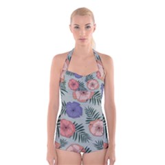 Flowers Petals Pattern Drawing Design Background Boyleg Halter Swimsuit 