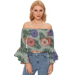 Flowers Petals Pattern Drawing Design Background Off Shoulder Flutter Bell Sleeve Top