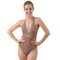 Cafe Au Lait Brown	 - 	halter Cut-out One Piece Swimsuit by ColorfulSwimWear